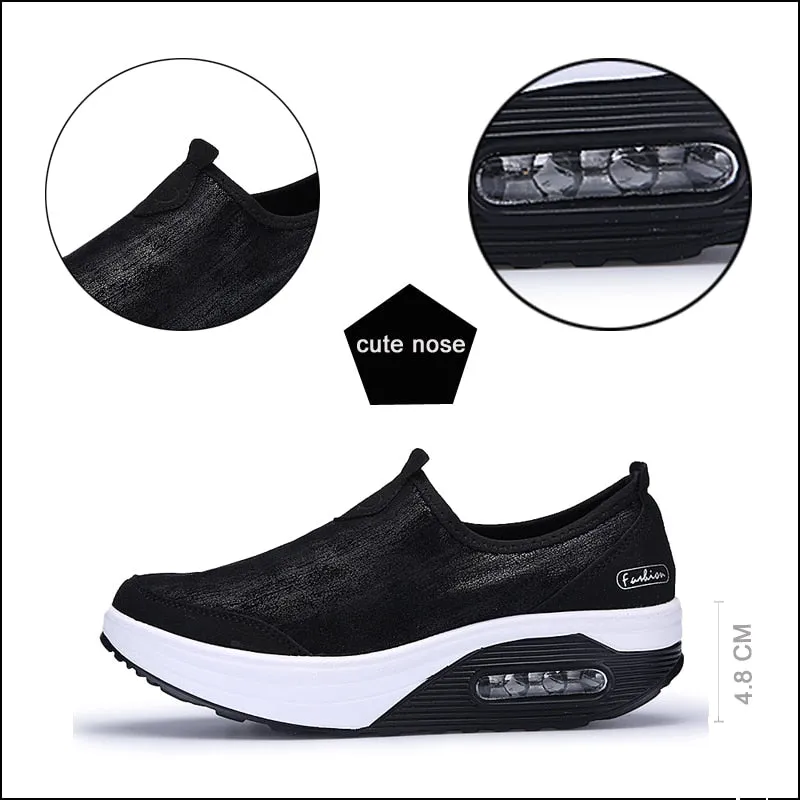 Women's Casual Black Cotton Round Toe Flat Slip-on Platform Shoes