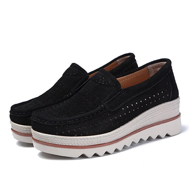 Women's Casual Concise Hollow Black Round Toe Slip-on Platform Shoes