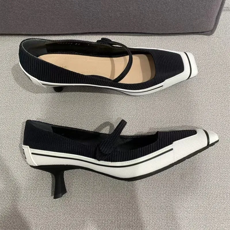 Women's Casual Concise Square Toe Mary Janes Thin High Heels Shoes