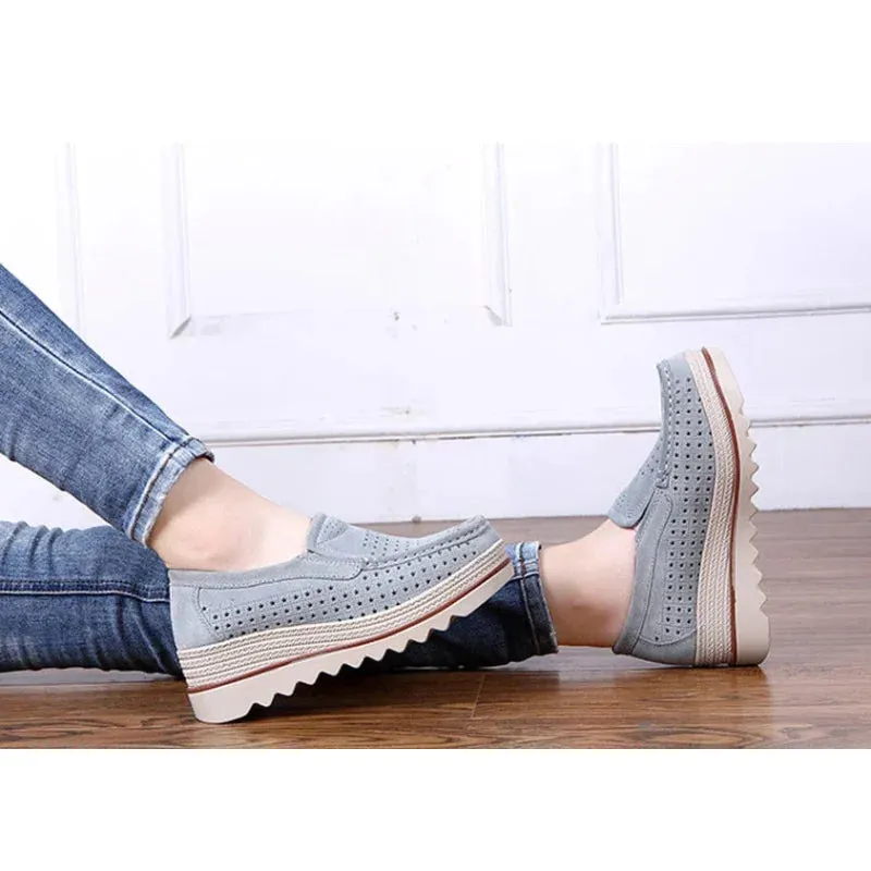 Women's Concise Hollow Gray Casual Round Toe Slip-on Platform Shoes