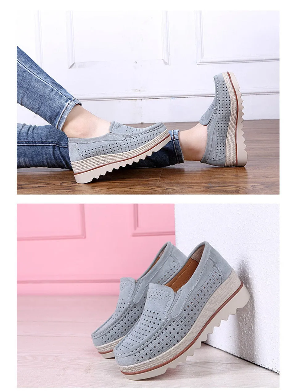 Women's Concise Hollow Gray Casual Round Toe Slip-on Platform Shoes