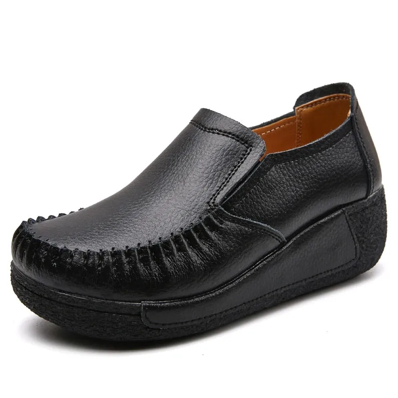 Women's Jet Black Genuine Leather Round Toe Slip-on Casual Shoes