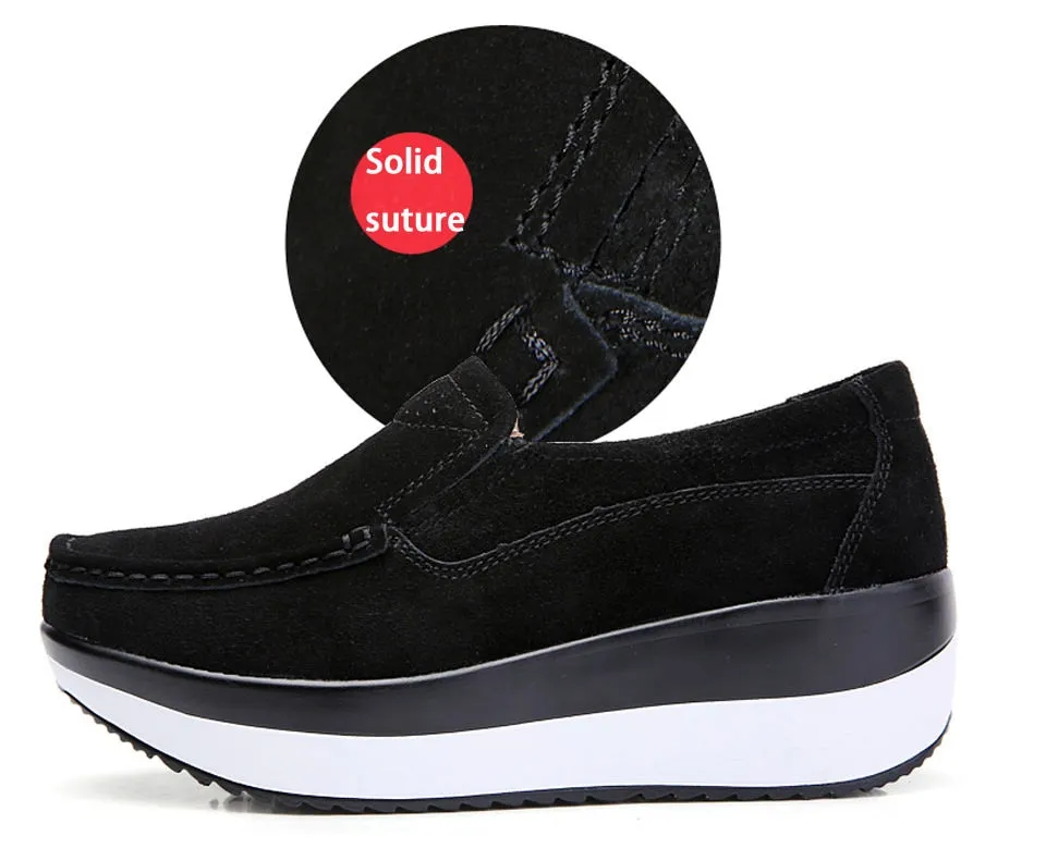 Women's Jet Black Genuine Leather Round Toe Slip-on Casual Shoes