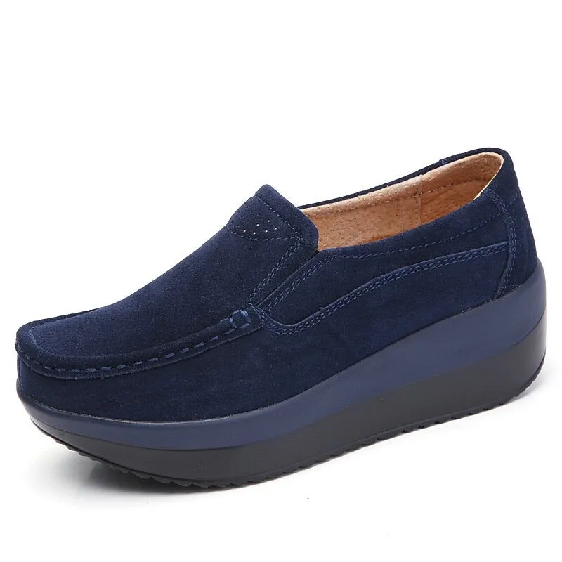 Women's Navy Blue Genuine Leather Slip-on Round Toe Casual Shoes