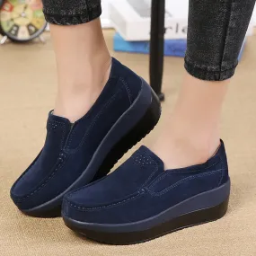 Women's Navy Blue Genuine Leather Slip-on Round Toe Casual Shoes