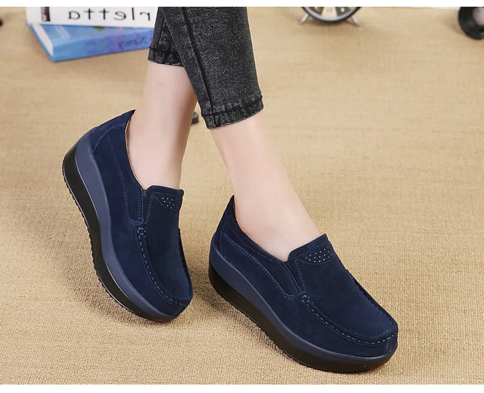 Women's Navy Blue Genuine Leather Slip-on Round Toe Casual Shoes