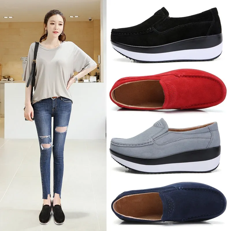 Women's Navy Blue Genuine Leather Slip-on Round Toe Casual Shoes