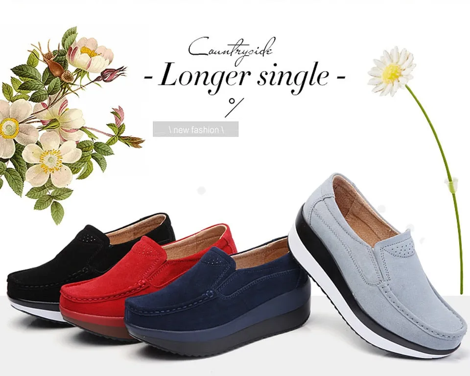 Women's Navy Blue Genuine Leather Slip-on Round Toe Casual Shoes