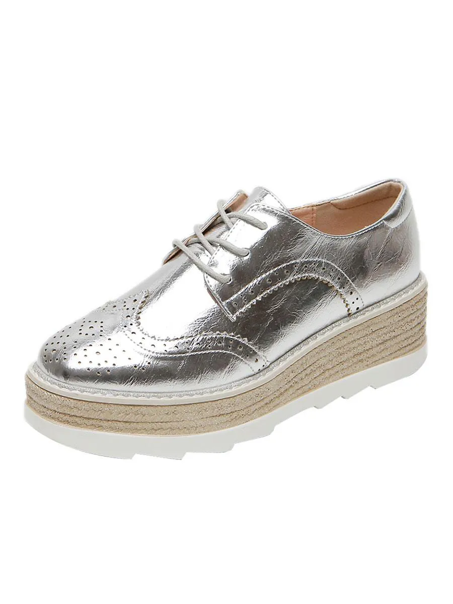 Women's Round Toe Platform PU Leather Oxfords