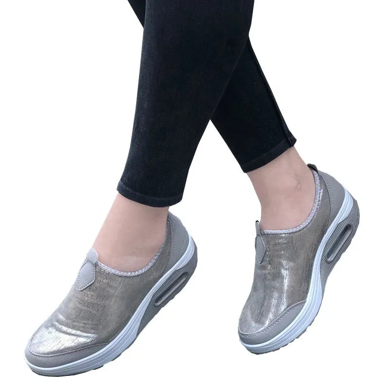 Women's Shiny Light Gray Patchwork Slip-on Round Toe Casual Shoes