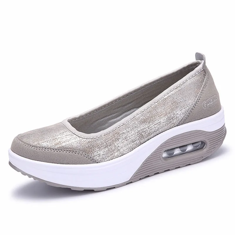 Women's Shiny Light Gray Patchwork Slip-on Round Toe Casual Shoes